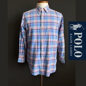 Polo Ralph Lauren Plaid Check Oxford Shirt Long Sleeves Blue Preppy Classic L